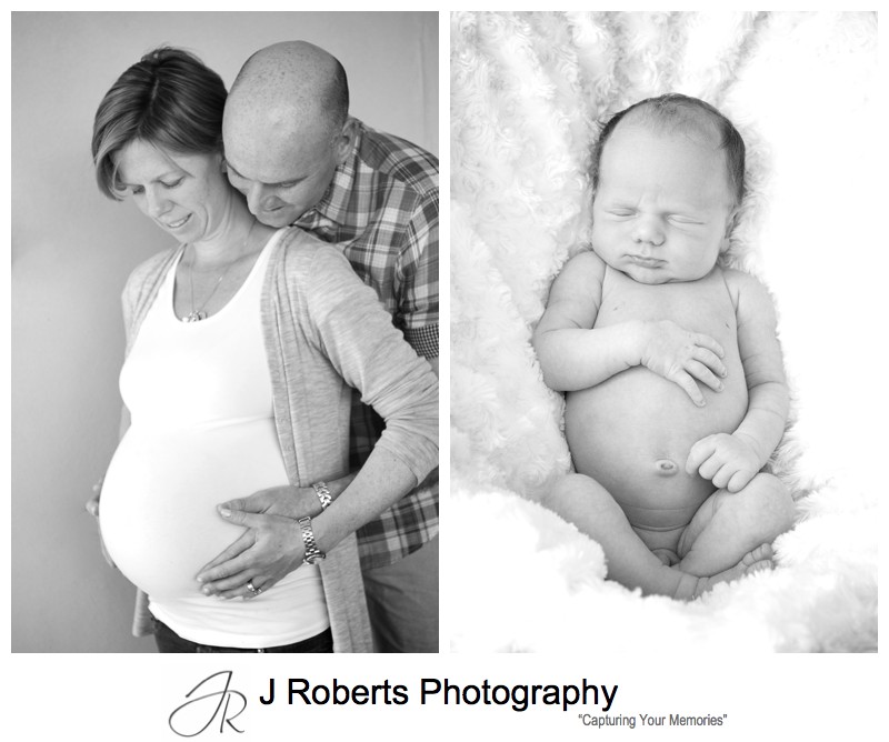 Proud parents looking down at the pregnant belly and the newborn baby - pregnancy portrait photography sydney
